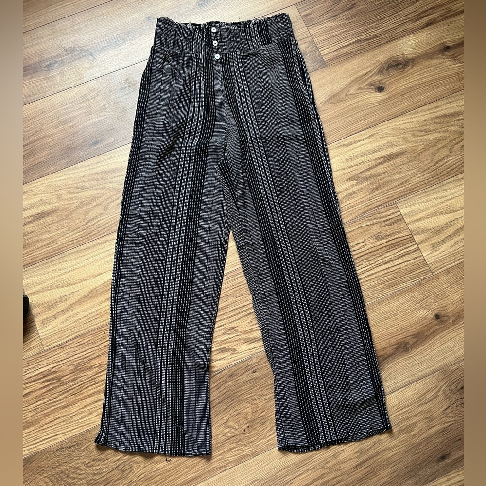 Black and White Striped Wide-Legged Baggy Linen Pants